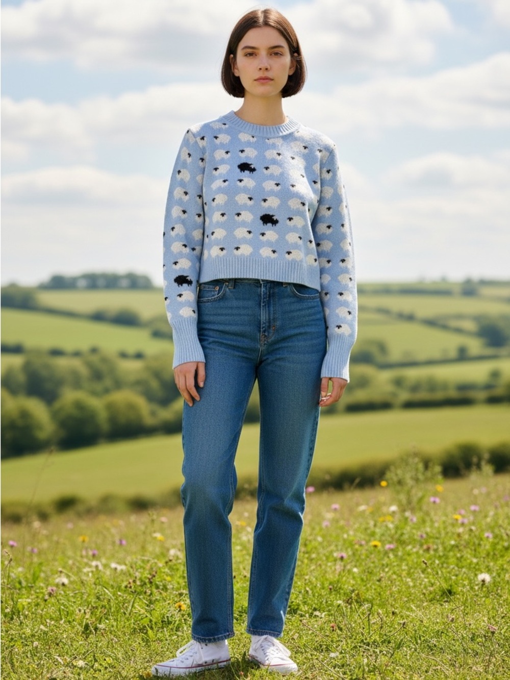 CIDER Light Blue Sheep Sweater with Black Sheep Size S Fuzzy Cropped Cottagecore